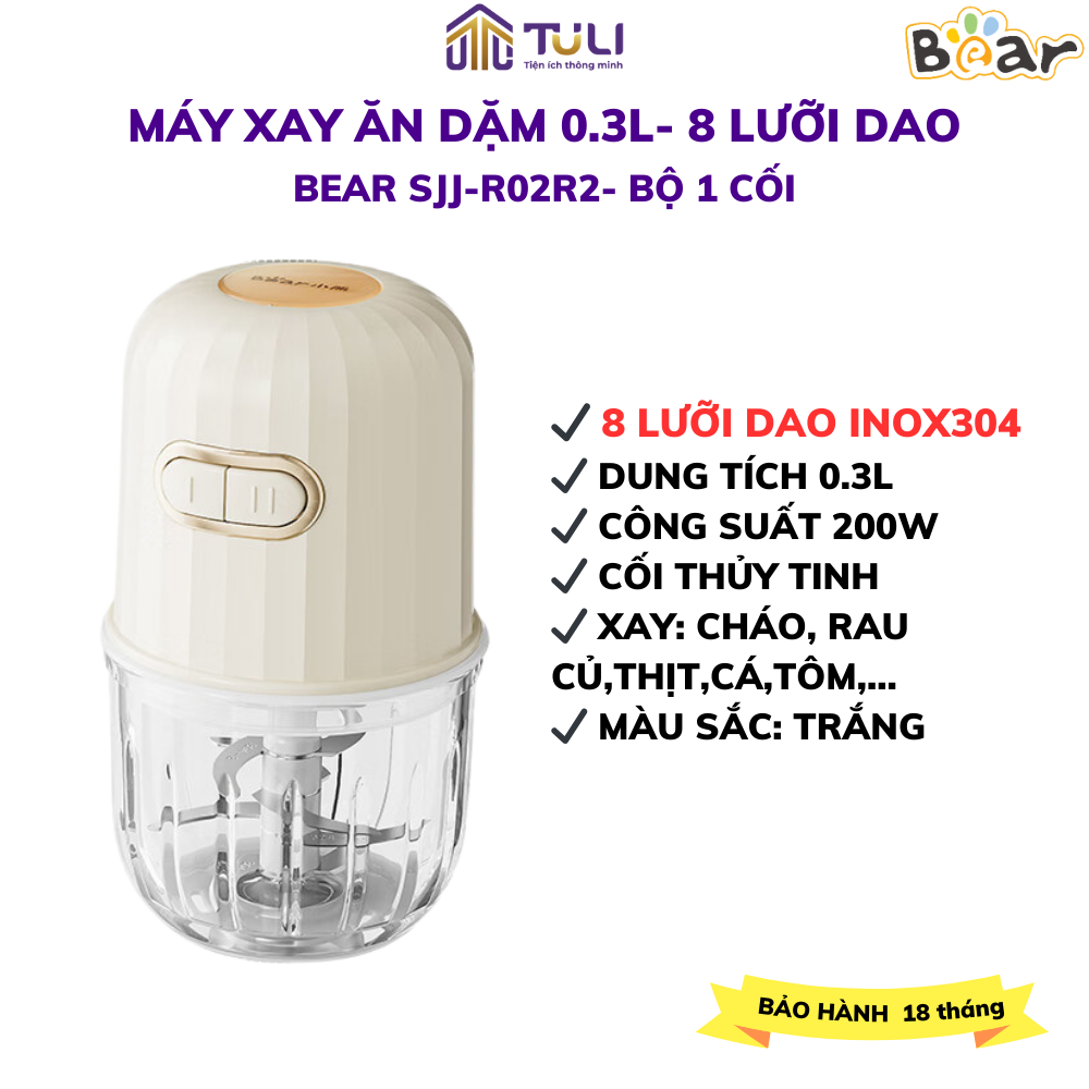 Máy xay ăn dặm 2 cối cho bé đa năng bear qjs-c01t1, dung tích 0.3l+0.6l, 6 lưỡi dao sắc bén, bh 18 tháng