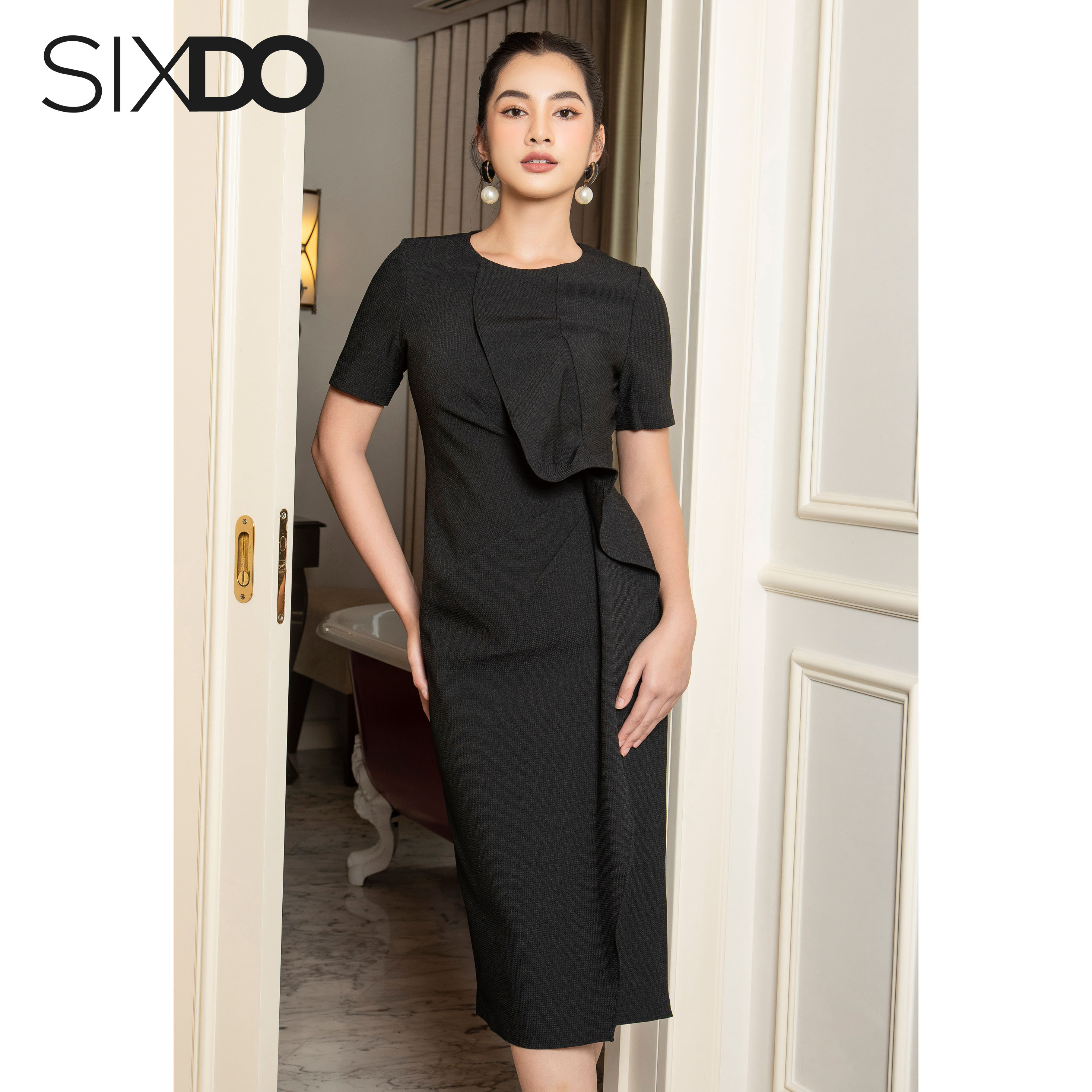 Đầm đen ngắn tay phối bèo thanh lịch SIXDO (Black Sheath Midi Raw Dress)