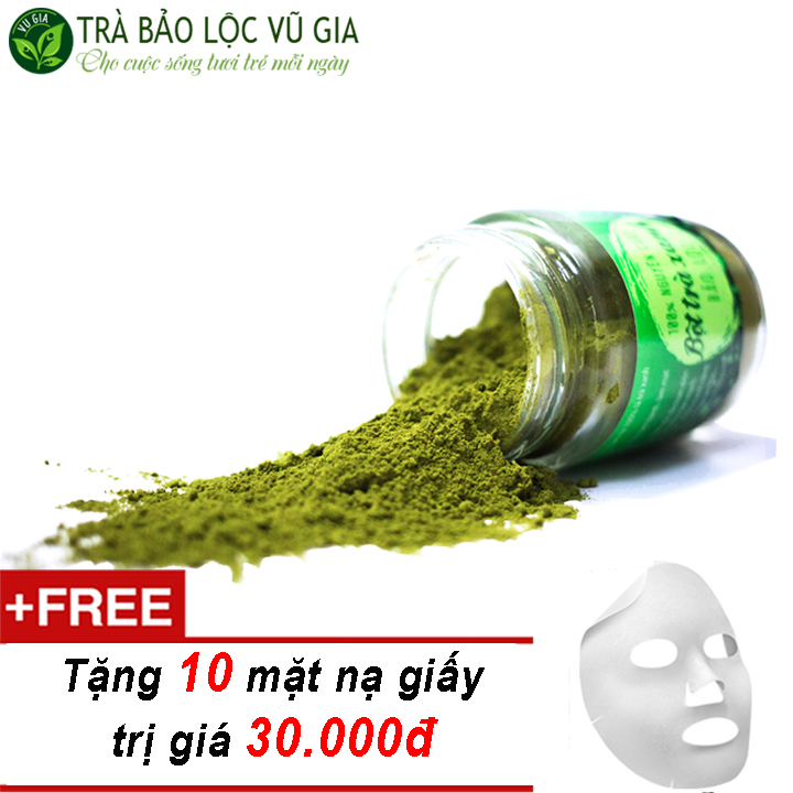 Bột Trà Xanh Nguyên Chất Vũ Gia (100g/hũ) + Tặng 10 Mặt nạ giấy đắp mặt - Hỗ trợ làm đẹp, đánh bay mụn, tẩy tế bào chết - Đã được kiểm nghiệm y tế
