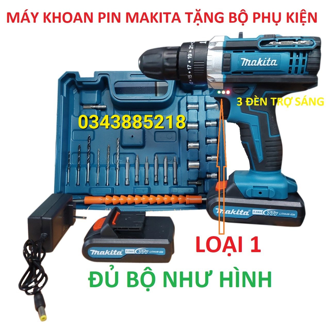 máy khoan pin makita 77v loại 1 có 3 đèn trợ sáng tặng bộ phụ kiện 25 chi tiết