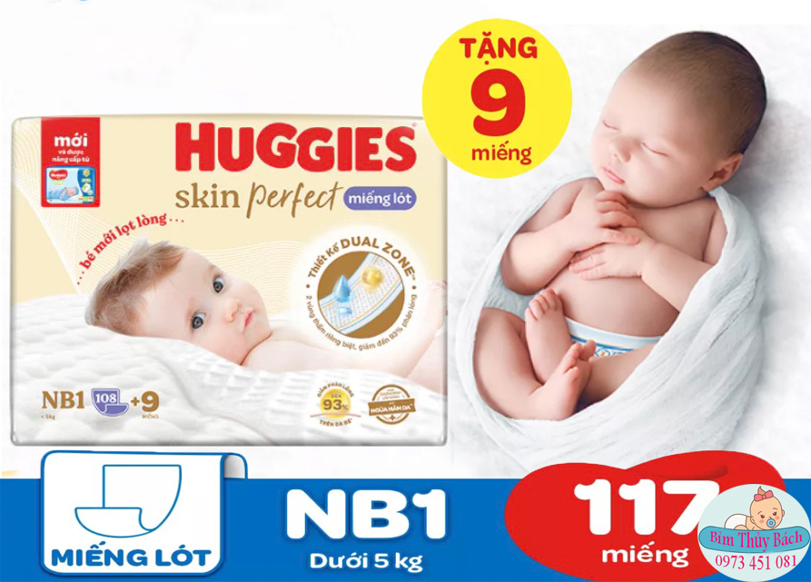 Miếng lót Sơ Sinh Huggies NB1 108 miếng Tặng 9NB Miếng Lót Sơ