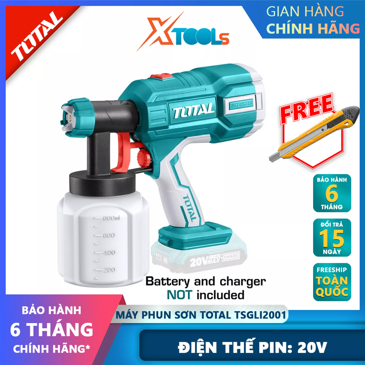 Total tsgli2001 battery paint sprayer handheld spray gun battery: 20V spray pressure: 0.1-0.6bar container capacity: 800ml spray capacity: 600ml/min