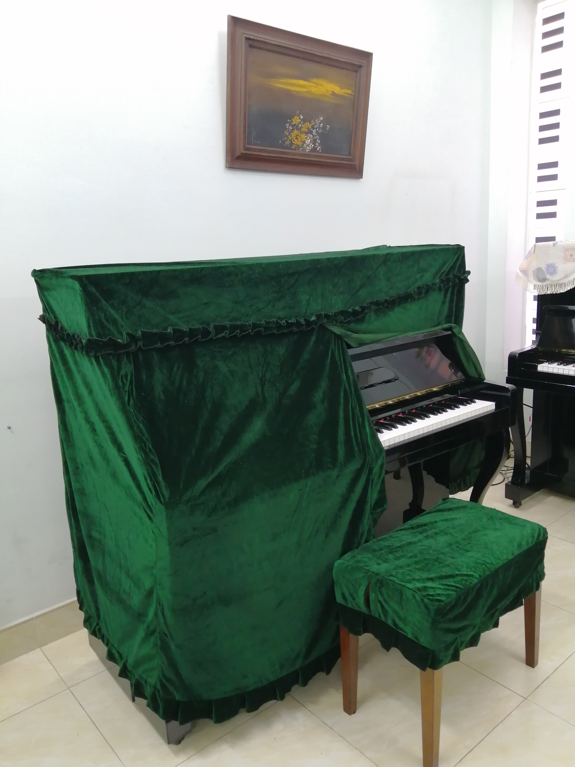 590k khăn phủ đàn piano vải nhung màu xanh rêu