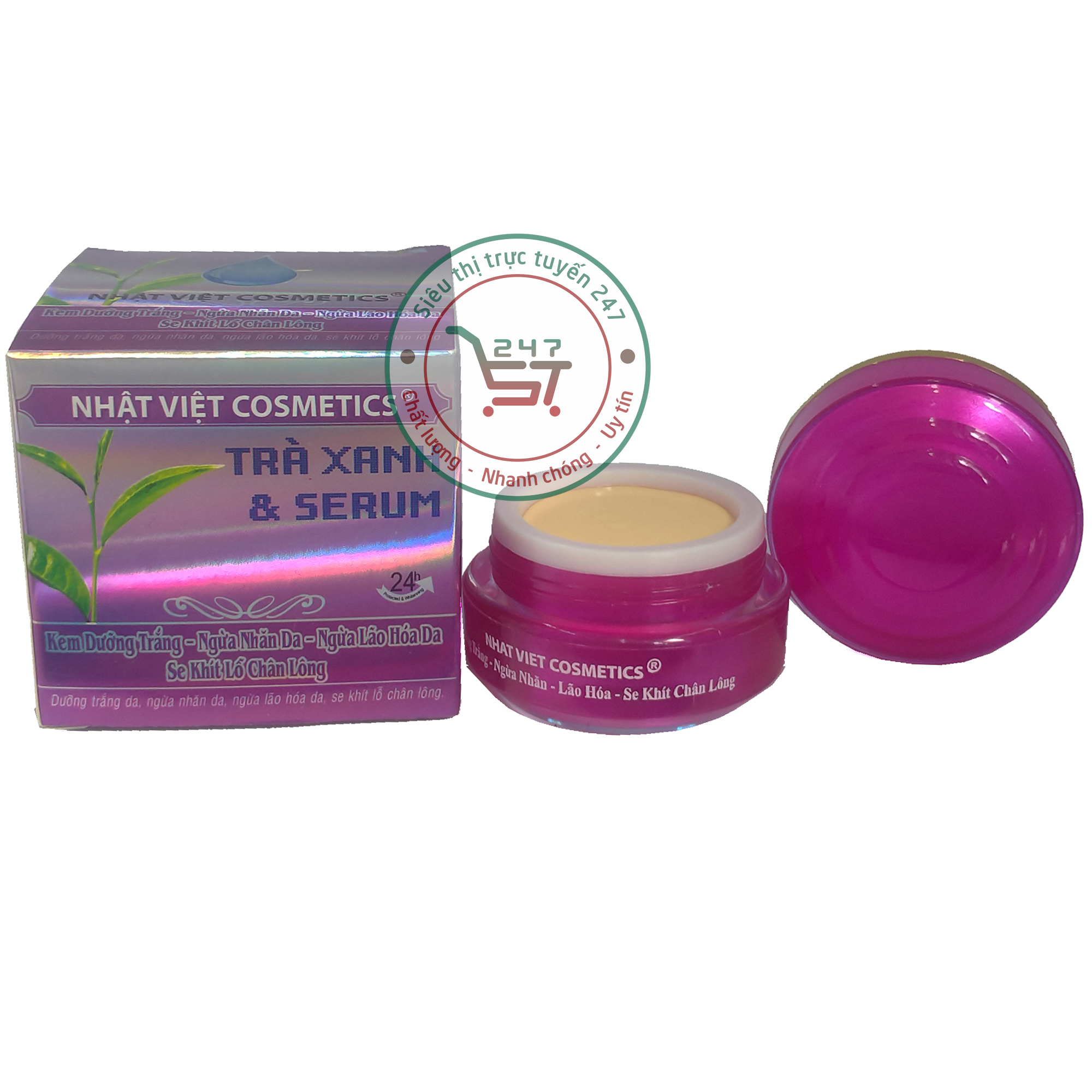 Kem dưỡng Trắng da mặt Ngừa nhăn Ngừa lão hóa Se khít lỗ chân lông Trà xanh Serum Nhật Việt 13g (Tím Bạc)