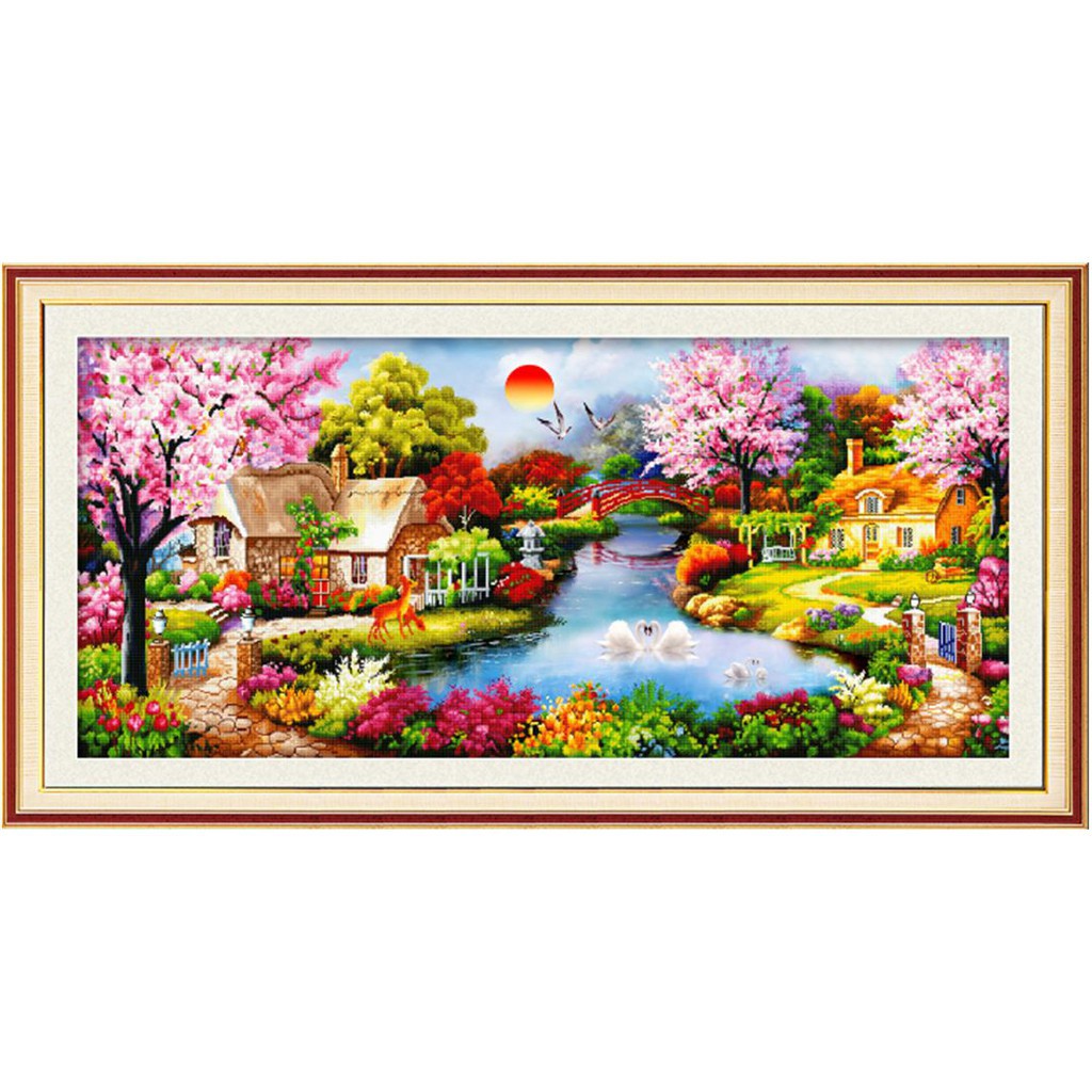 Tranh Đính Đá PHONG CẢNH TỔ ẤM HẠNH PHÚC. Kích Thước: 1m x 50cm - 1m2 x 65cm - 1m6 x 75cm - 1m8 x 80cm