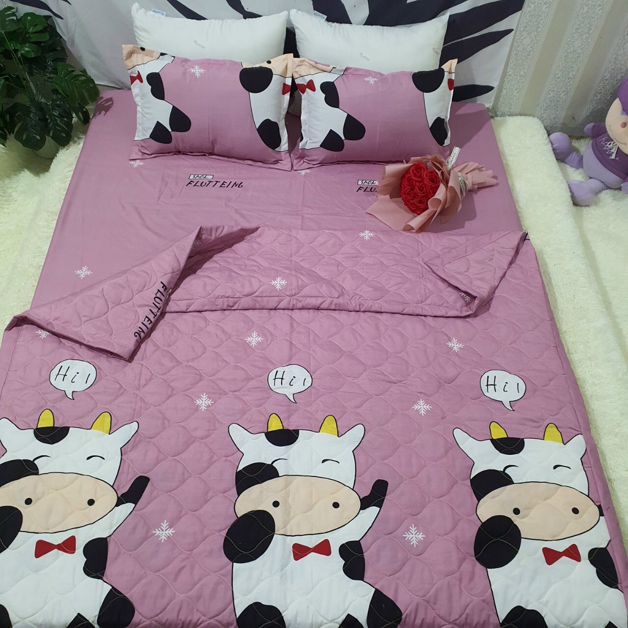 Bộ Chăn Ga Gối Cotton Poly Bò Hồng , Chất Liệu Thoáng Mát , Kích Cỡ Đa Dạng , By. Gòn