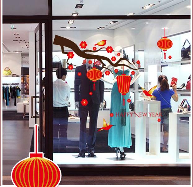[HCM]Decal Trang Trí Tết - Cành Mai Đỏ Cùng Chim Và Lồng Đèn Đỏ