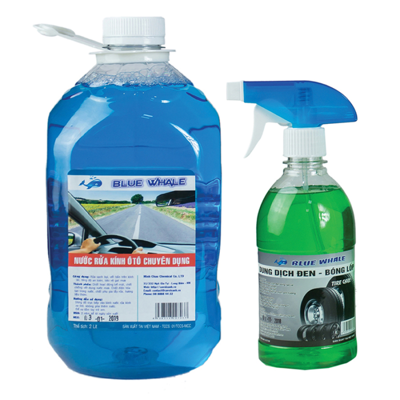 Combo 1 chai Nước Rửa kính ô tô 2 lít + 1 chai xịt bóng lốp 0.5 lít hiệu Blue Whale