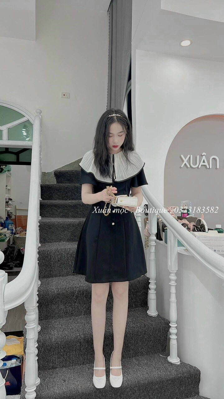 [HCM][Sale Miễn Phí Ship-Voucher Hoàn Tiền] Đầm Kate lụa xòe đính nút cổ bèo siêu xinh, đính túi giả eo