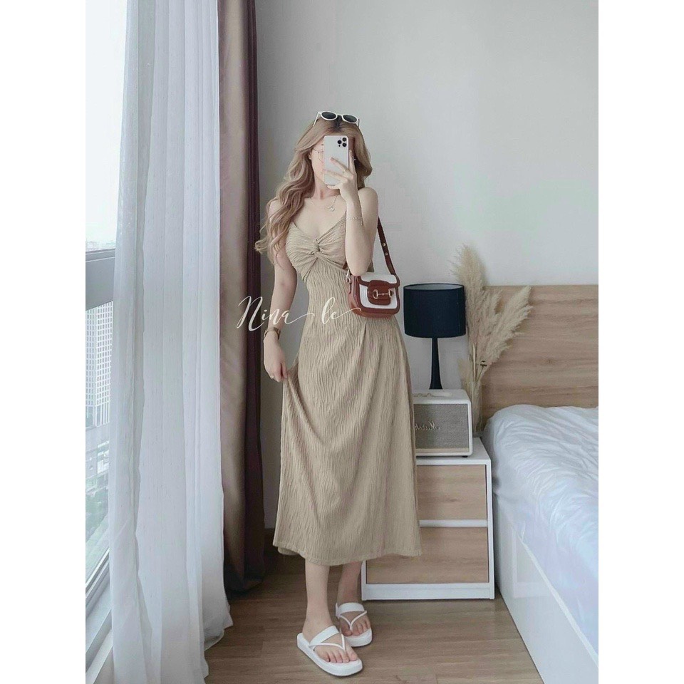 Đầm maxi vân sóng 2 dây đi biển, Váy basic 2 dây dáng suông HTD393