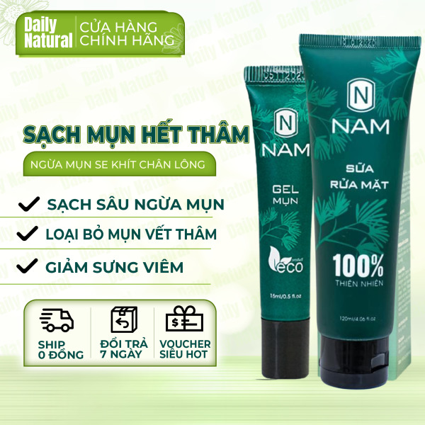 Bộ sản phẩm sạch mụn hết thâm Nam gồm 1 sữa rửa mặt trắng da 120ml và 1 gel giảm mụn hết thâm 15ml - Daily Natural nhập khẩu