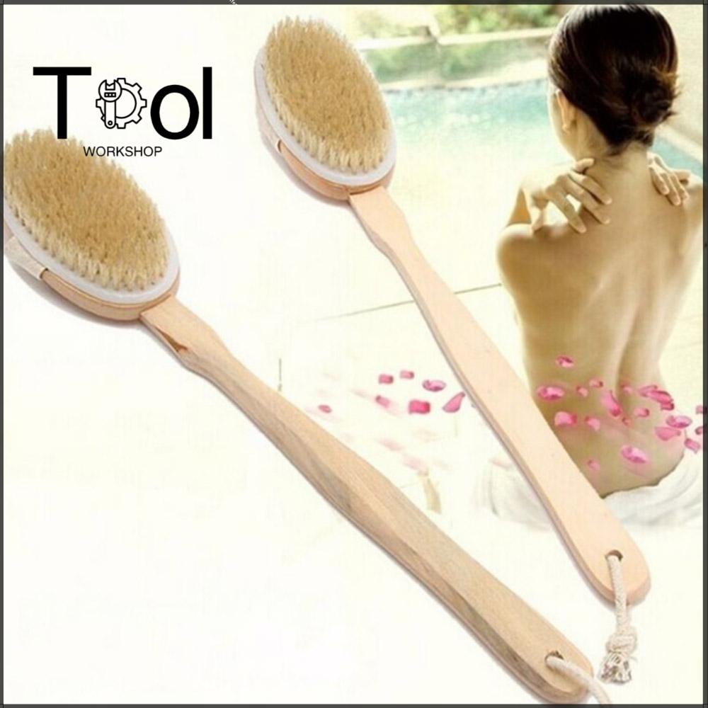 Long Wooden Handle Shower Scrubber Natural Bristle Dry Skin  Exfoliation Brush Body Massager Cleaner
