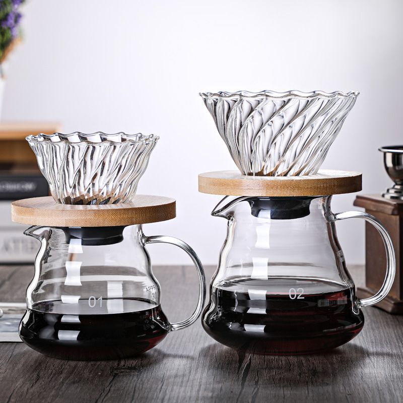 Phễu V60 thủy tinh đế gỗ pha cà phê Pour Over