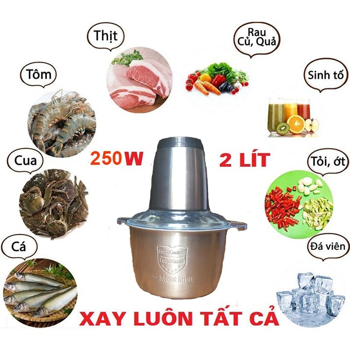 Máy xay thịt cá gia đình cối inox 4 lưỡi dao dung tích 2 lít