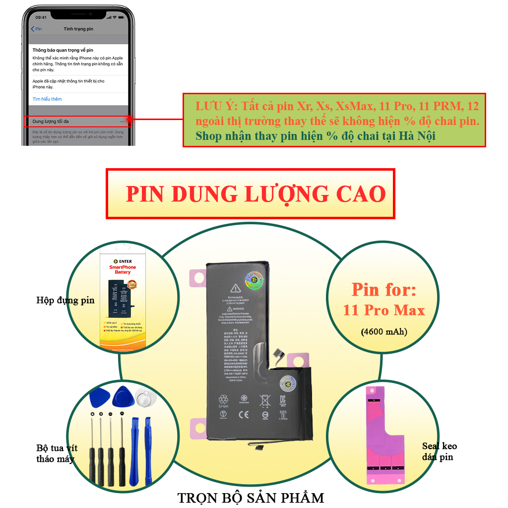 Pin entertech dùng cho đt 5g/ 5s/ 5se/ 6g/ 6s/ 6 plus/ 6s plus 7g/ 7 plus/ 8g/ 8 plus/ x/ xr/ xs/ 11/ 11pro/ 11 prm/ max bảo hành 12 tháng.