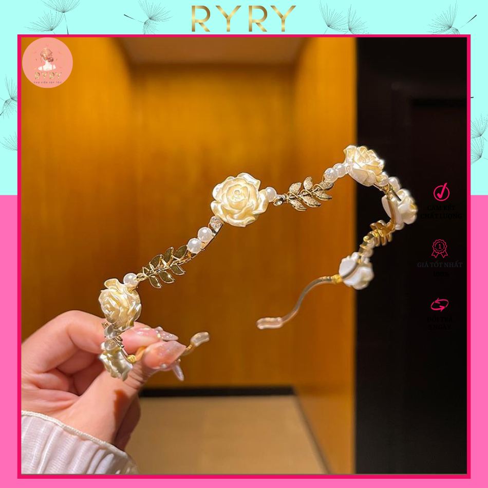 Băng Đô Cài Tóc Đính Hoa Hồng Phong Cách Retro Pháp