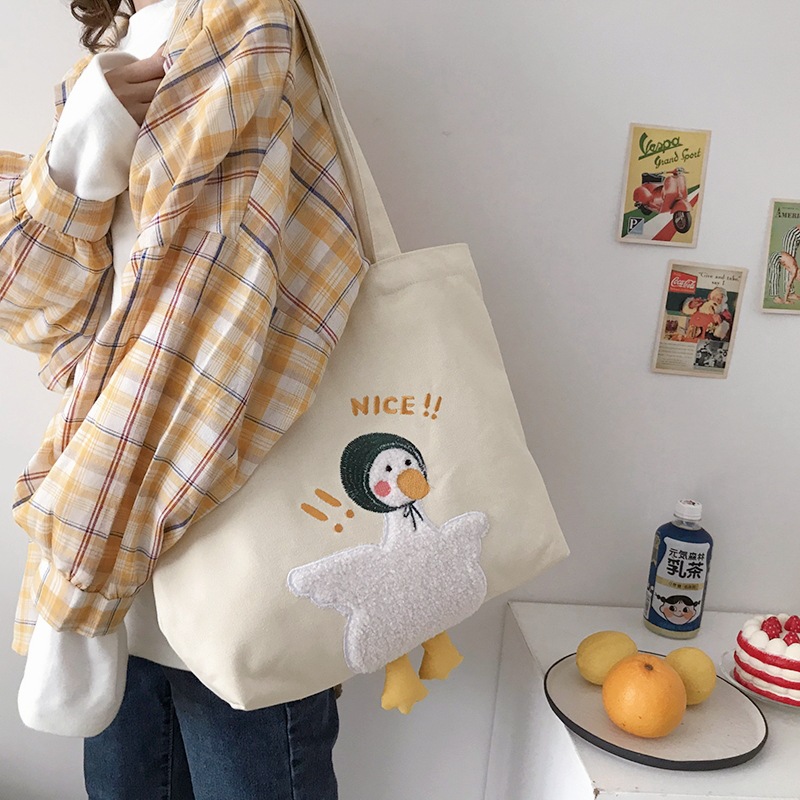 Túi tote lớn đeo vai vải canvas in hình vịt cute đáng yêu