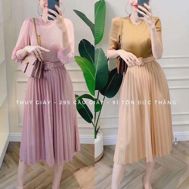 Chân váy dài xếp ly quạt chất liệu lụa vân gỗ cao cấp