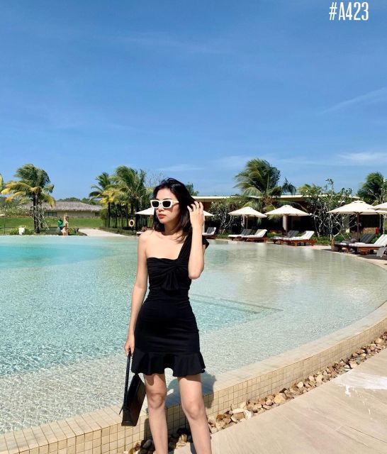 [Ảnh thật] Đầm thun body đen lệch vai lai bèo