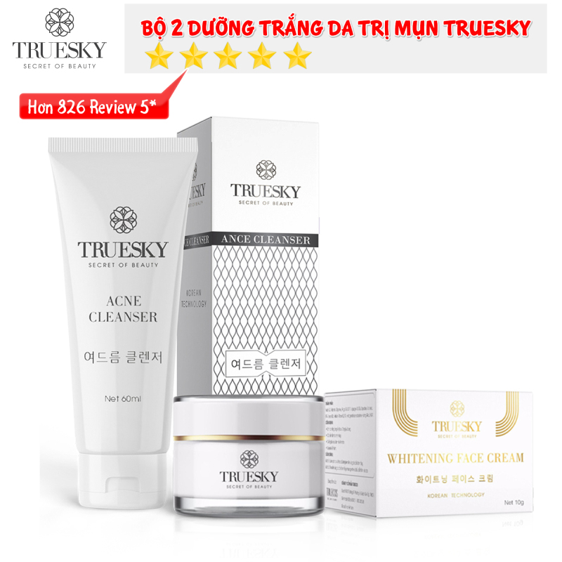Bộ sản phẩm ngừa mụn và dưỡng trắng da mặt Truesky gồm 1 sữa rửa mặt than hoạt tính 60ml & 1 kem dưỡng trắng da mặt 10g giá rẻ