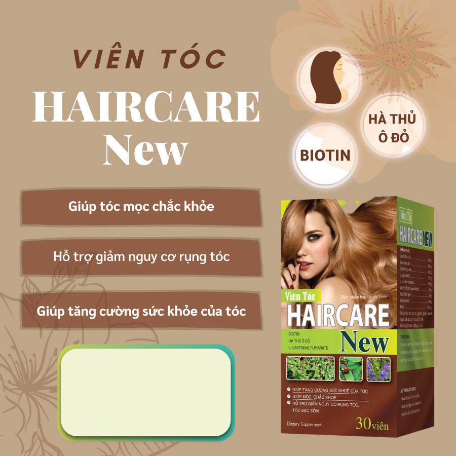 Viên uống giảm nguy cơ rụng tóc , bạc tóc hair care new thành phần từ thảo dược cao hà thủ ô giúp mọc tóc , tóc chắc khỏe ,giảm nguy cơ rụng tóc , bạc tóc - hộp 30 viên