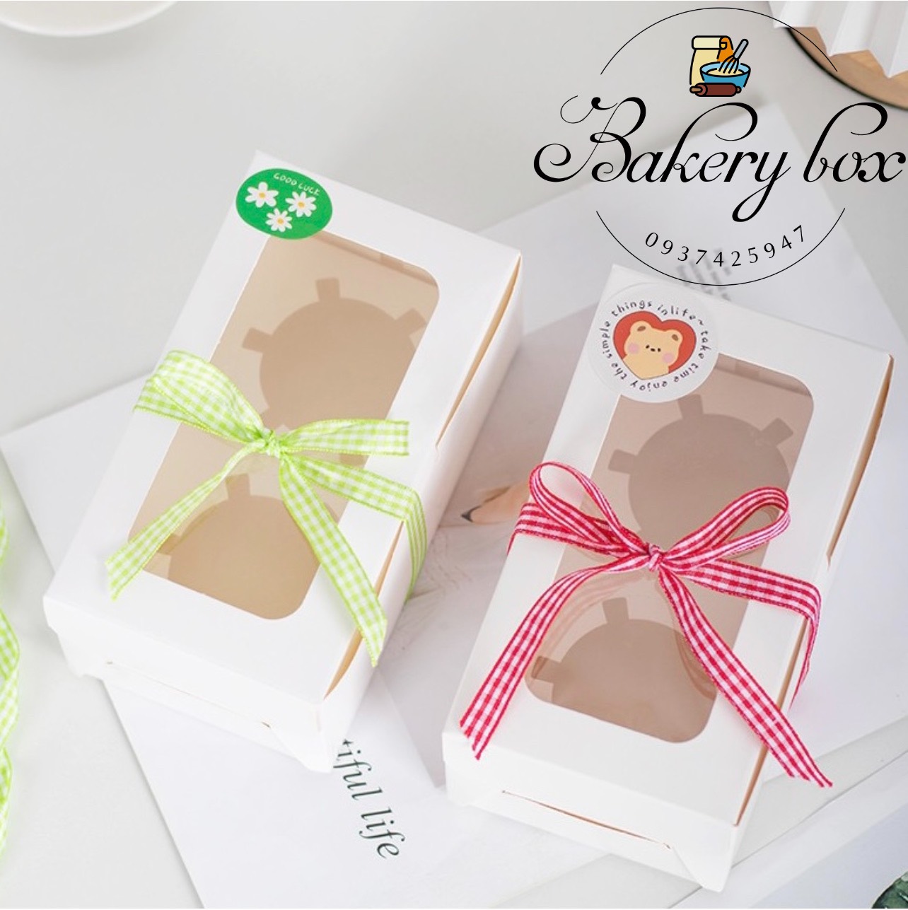 Set 10 | hộp giấy trắng đựng bánh cupcake có mặt kính trong suốt 2 ô