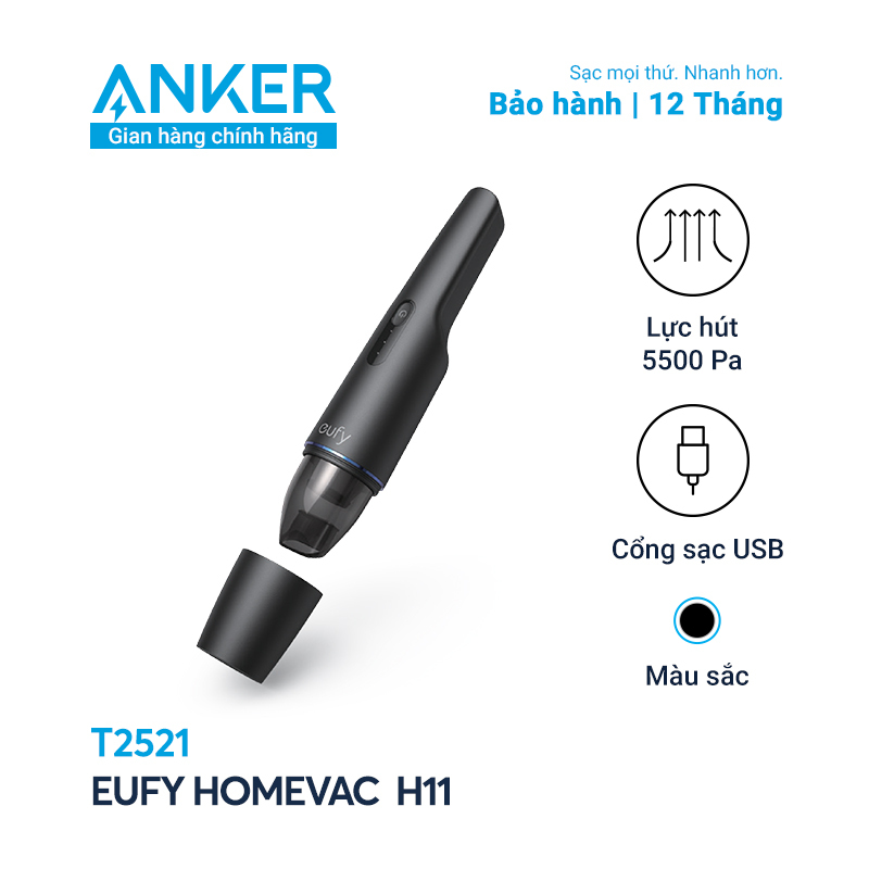 Máy hút bụi mini cầm tay không dây EUFY HomeVac H11 (by Anker) - T2521 - Lực hút mạnh đến 5500Pa, kích thước nhỏ gọn chỉ 0.58kg và có thể sạc lại bằng cổng USB