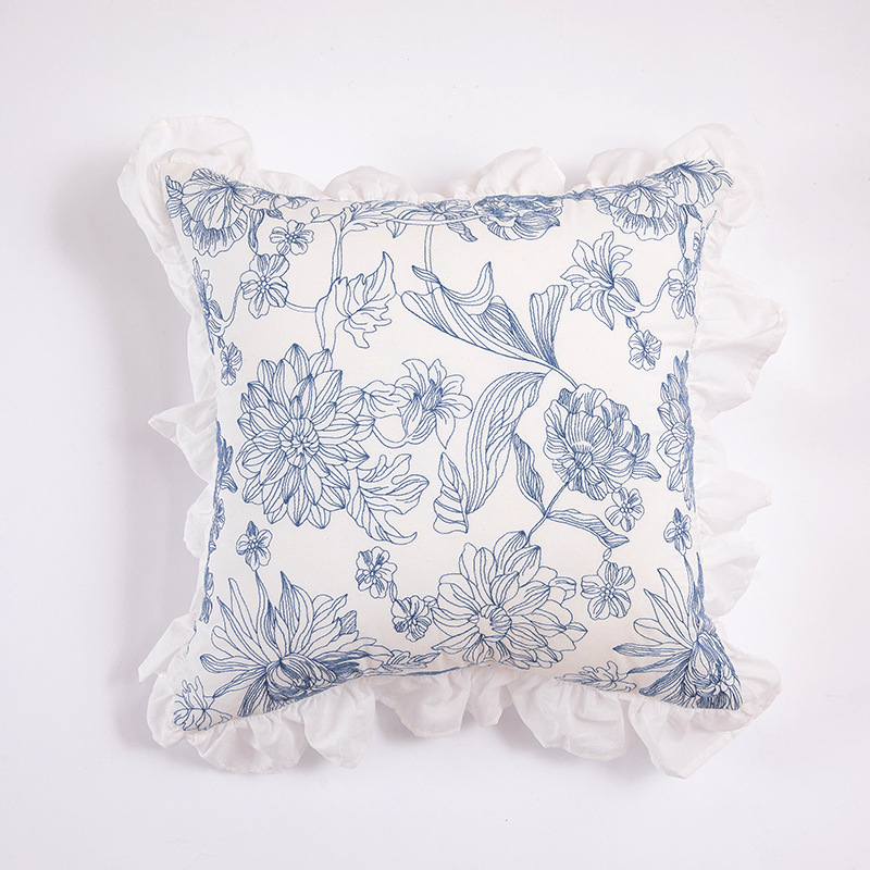 Pastoral Style Ruffle Edge Flowers Pillow Cover with Lace All Cotton Embroidery Pure White 45X45cm Square Throw Pillow Cover, Sofa Bed, Table and Chair 30X50cm Rectangular Waist Rest Pillow Cover