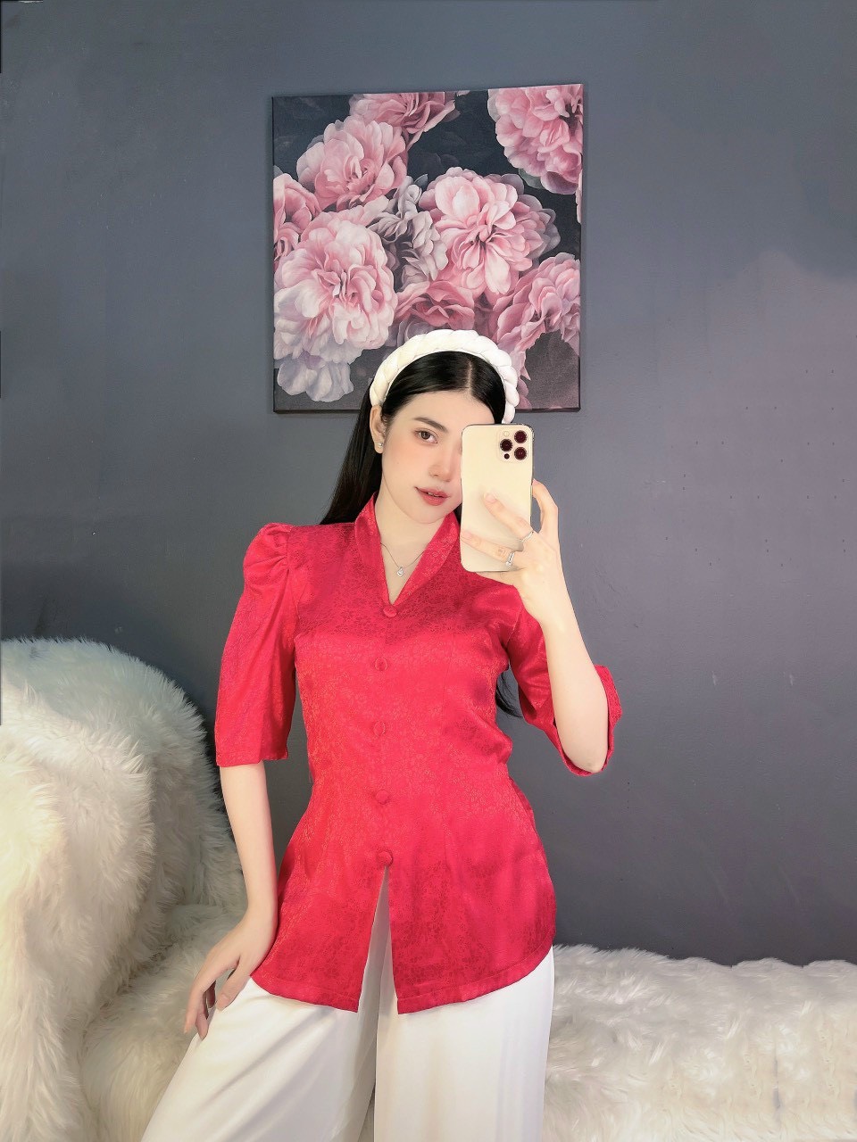 ÁO BÀ BA GẤM CỔ TIM TAY PHỒNG