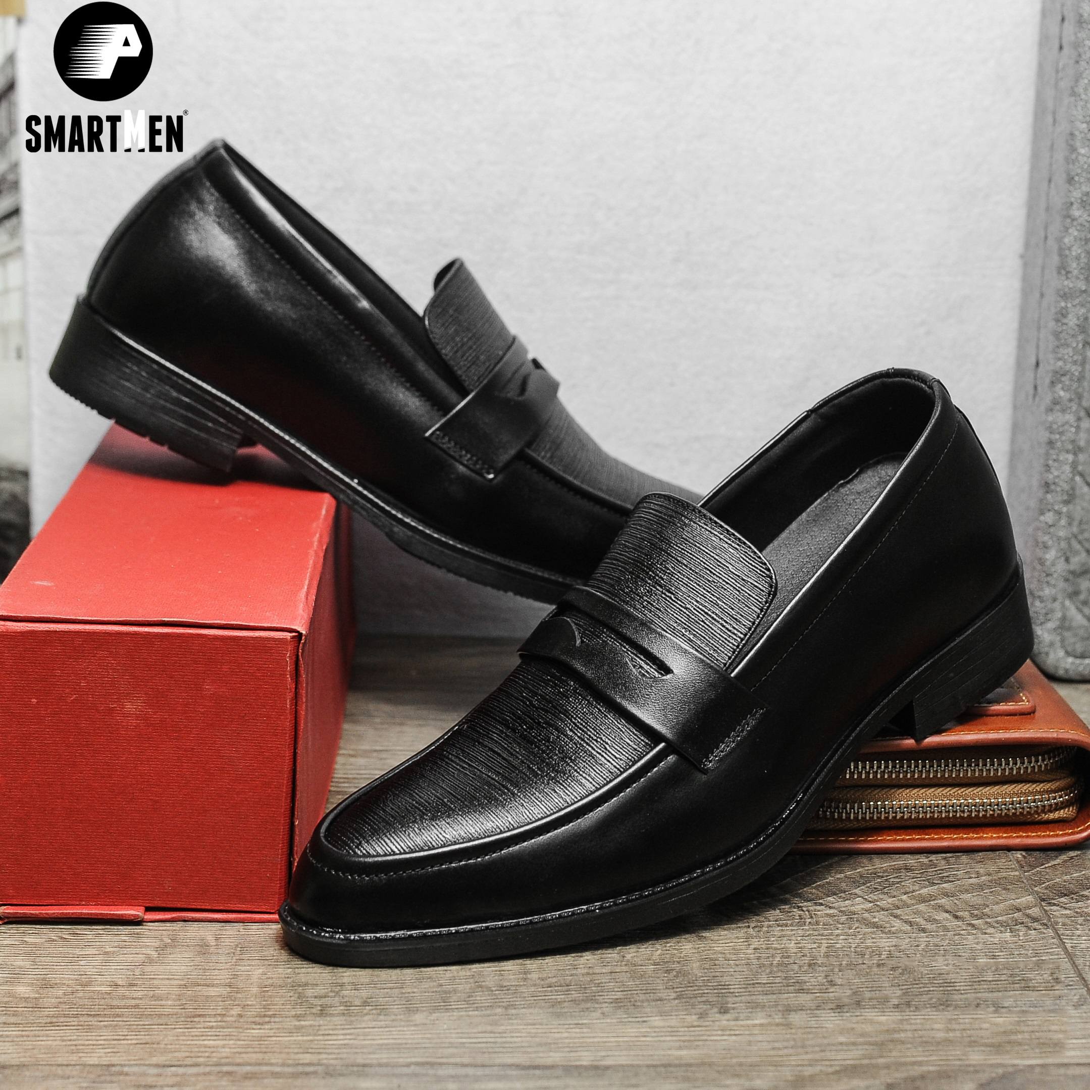 Giày lười công sở tăng chiều cao da bò SmartMen GL04 đen