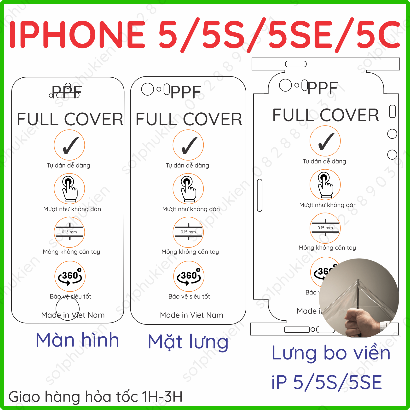 Dán PPF iPhone 5 / 5s / 5c loại trong, nhám, da cá sấu dành cho màn hình, mặt lưng, mặt lưng+ 4 viền