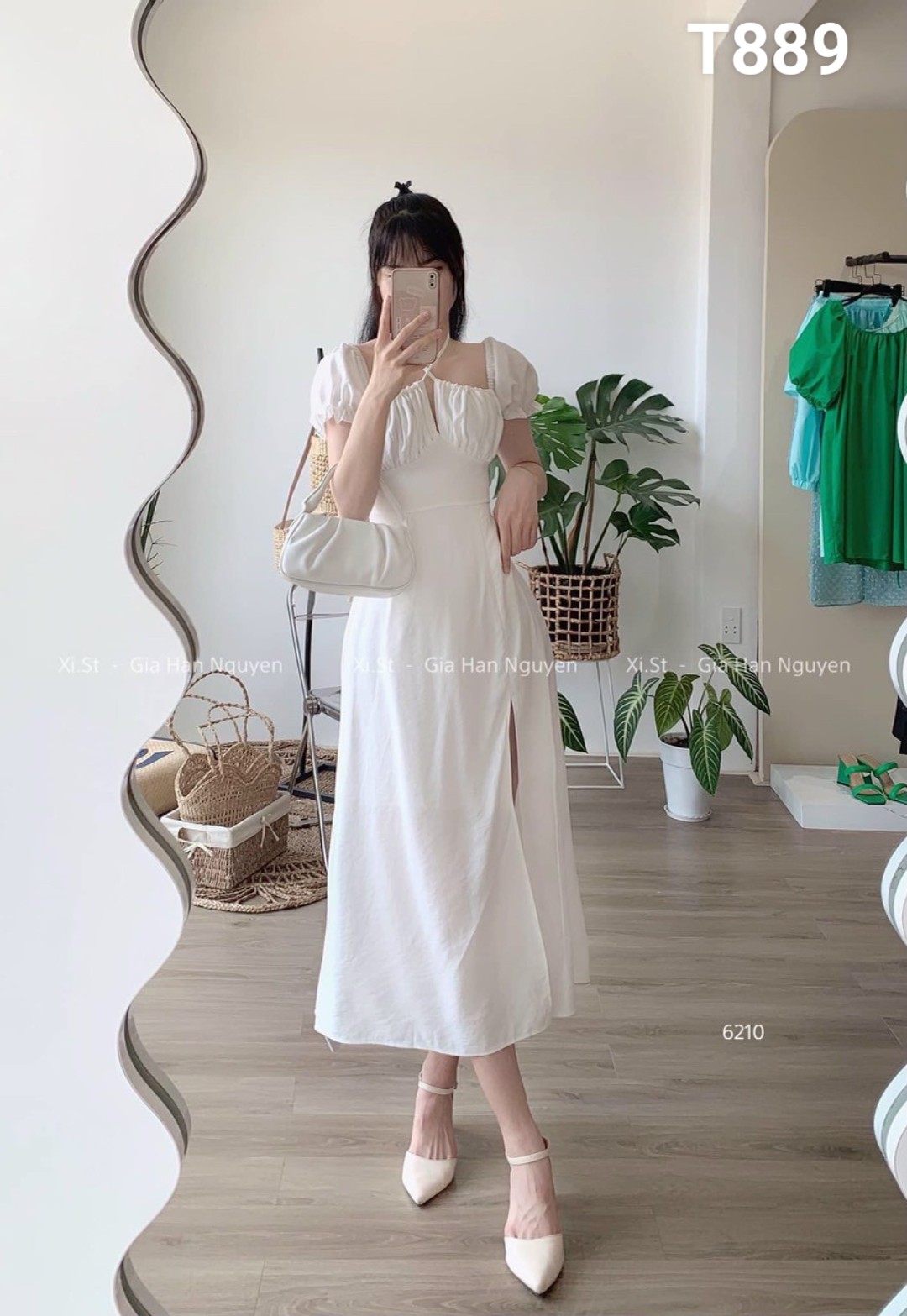 Đầm cổ yếm tay cột nơ có mút lụa nhung T889