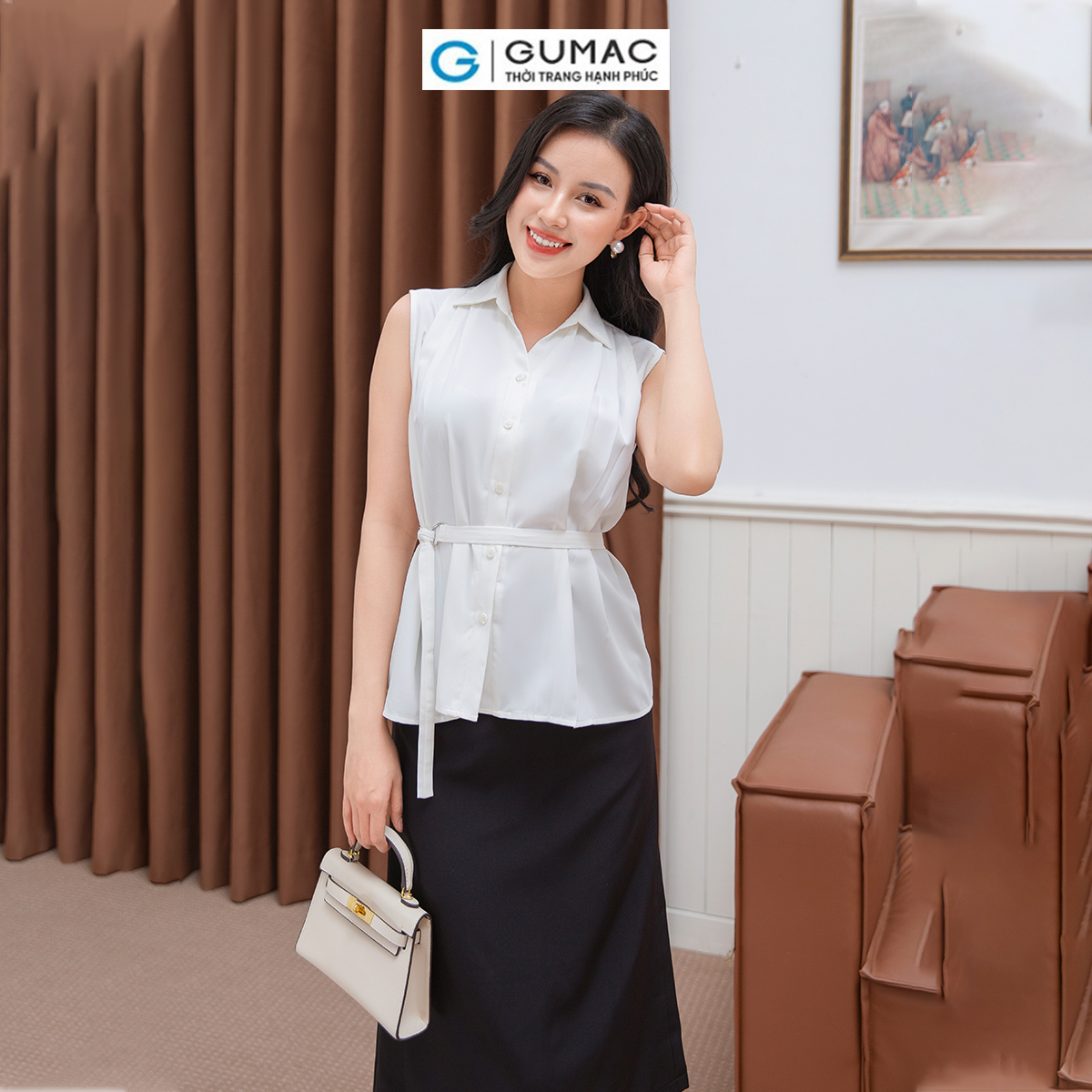 Áo kiểu nữ sát nách gumac ad10015 xếp li kèm dây thắt eo