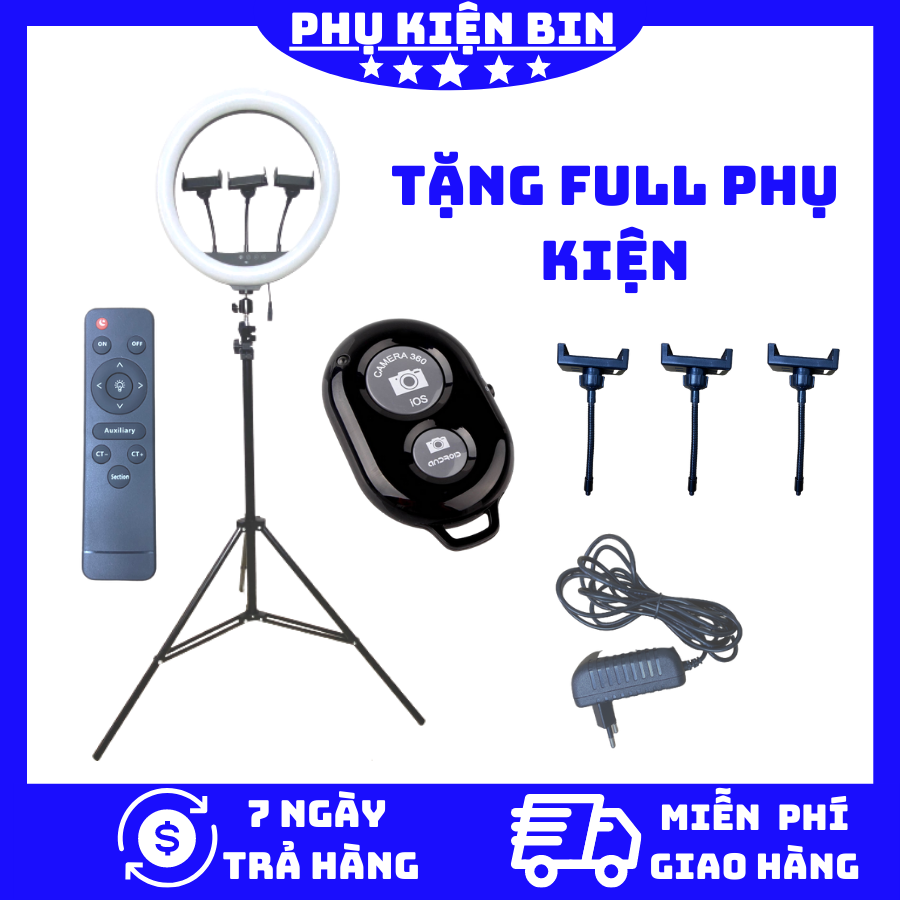 Đèn live stream 33/36/45/54cm 3 kẹp + 3 chế độ + remote + chân 2m