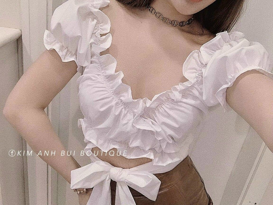 [HCM]Áo croptop nhún cột dây nơ eo