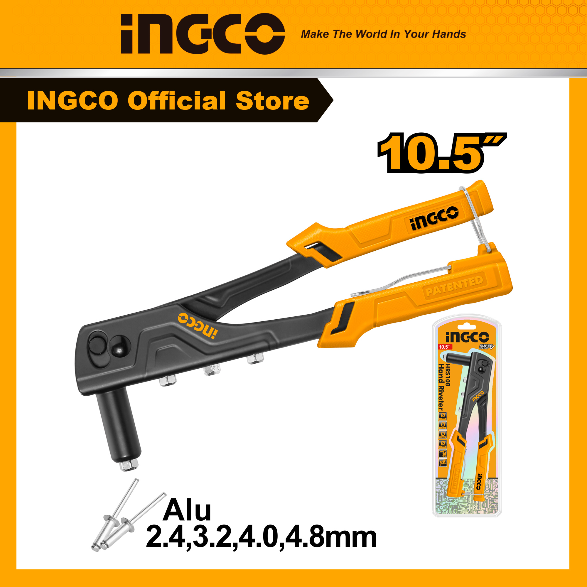 Ingco Hrs108 10.5" Rivet Pliers, Sizes Φ2.4Mm, 3.2mm, 4mm, 4.8mm