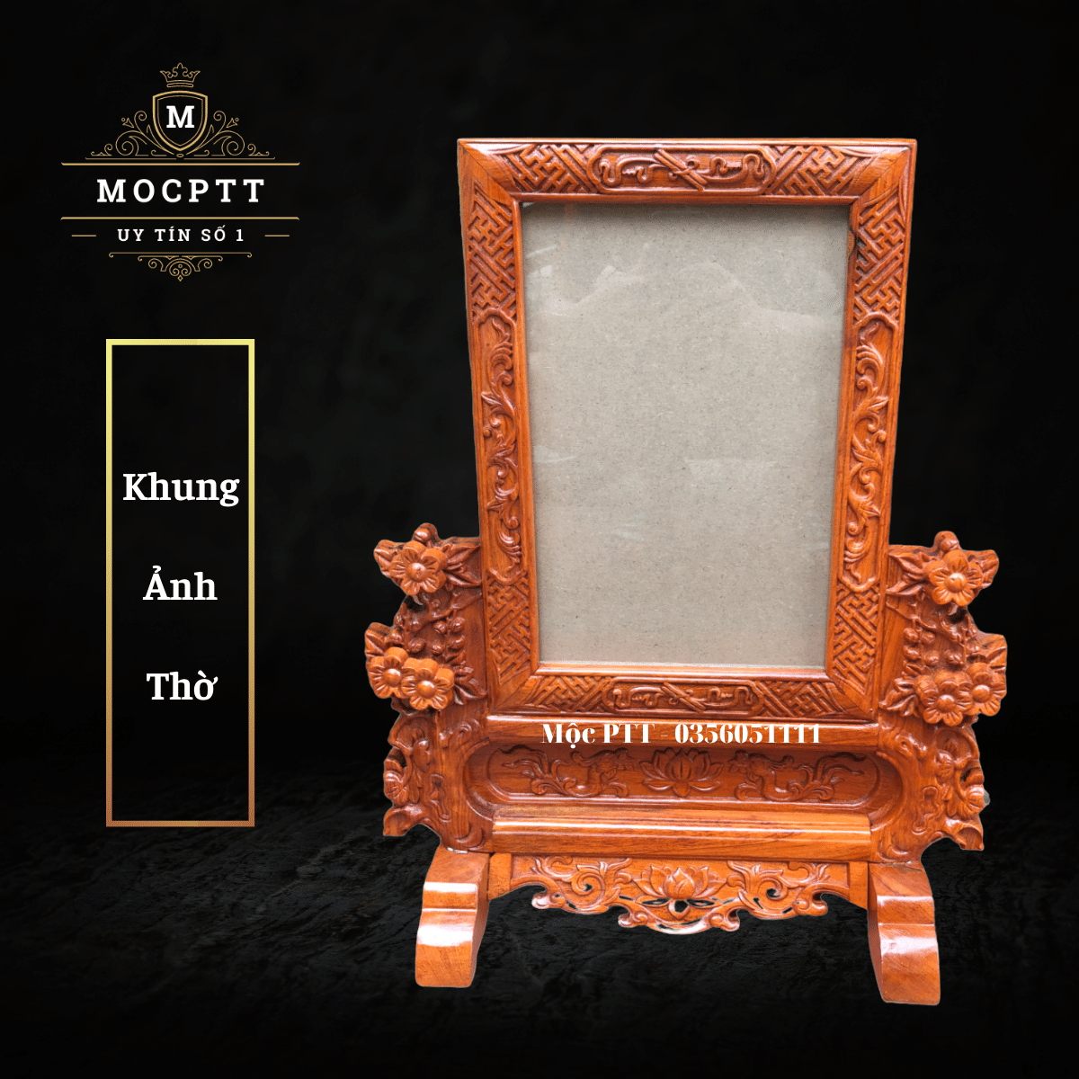Khung ảnh thờ hoa mai gỗ hương đá kích thước ảnh 20 x 30 và 25 x 35 cm