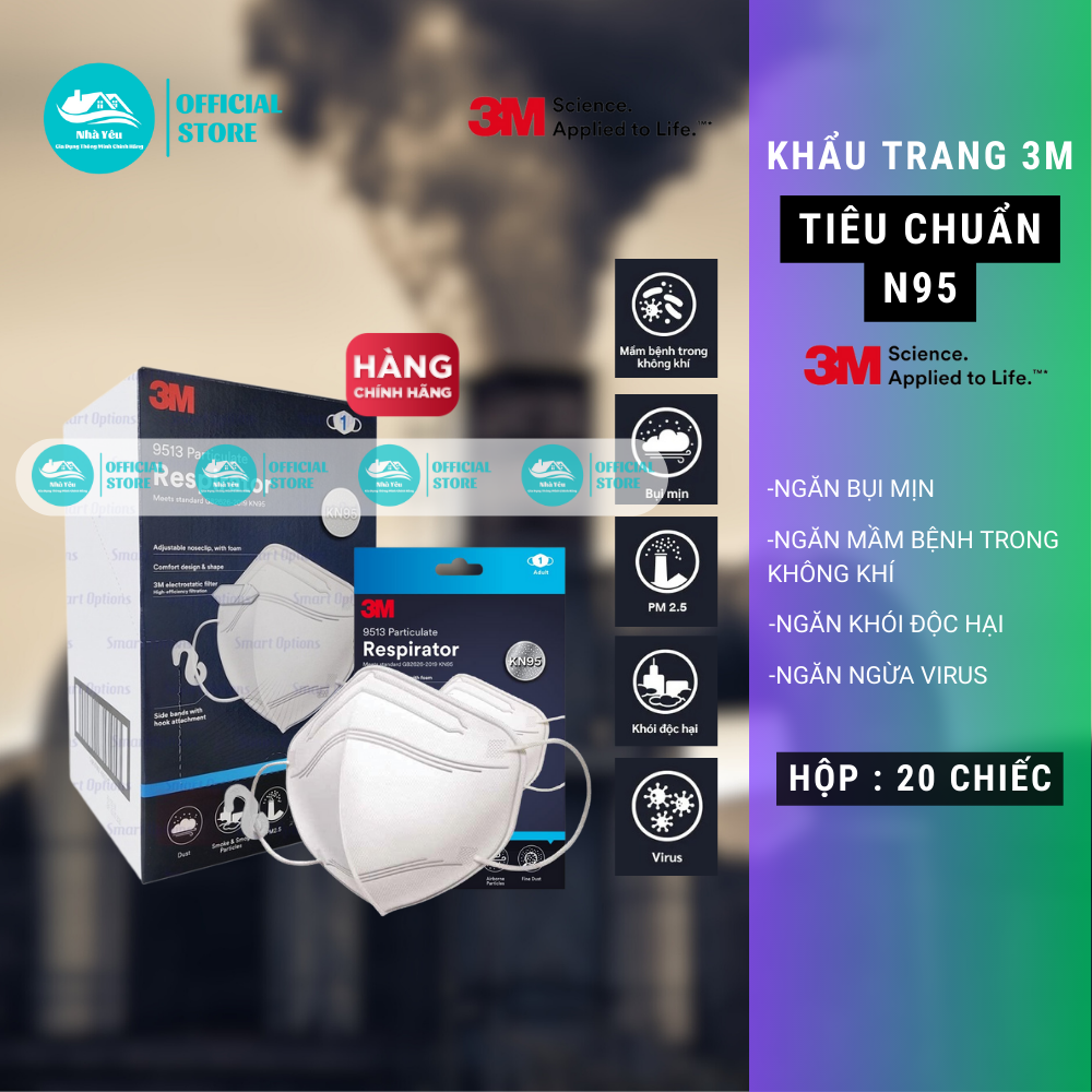 Hộp Khẩu Trang 3M 9513 Chính Hãng(20 Chiếc)Chống Bụi Mịn,Khói Độc Hại,Ngăn Ngừa Mầm Bệnh, Vi Khuẩn Lây Trong Không Khí