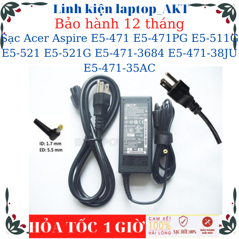 Laptop Charger for Acer Aspire 4736Z E5-471 E5-471Pg E5-511G E5-521 E5-521G E5-471-3684 E5-471-38Ju E5-471-35Ac- 19V-3.42A Charger with Gold Pin