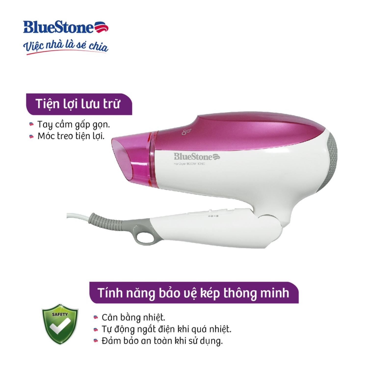 MÁY SẤY TÓC BLUESTONE HDB-1859, 2100W Sây ionic, Hàng Chính Hãng