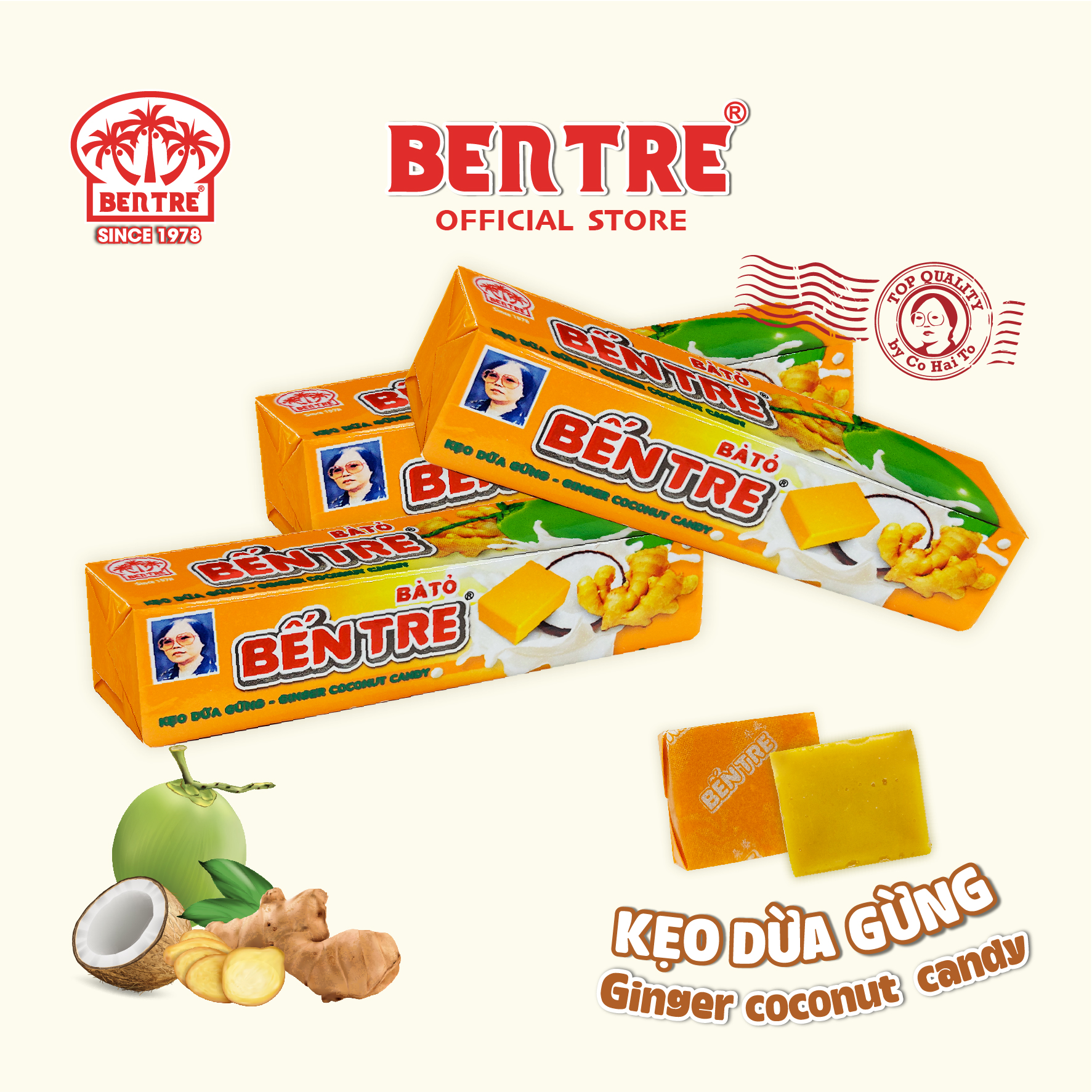 1 Thanh Kẹo dừa Bến Tre Hai Tỏ vị Gừng - Ăn vặt bổ dưỡng, dịu ngọt, thơm