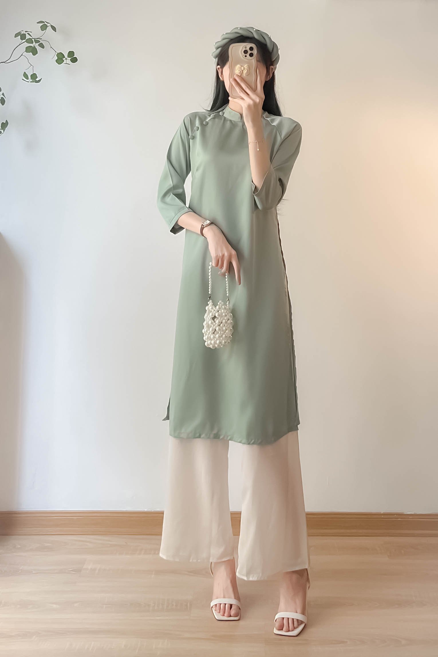 Set áo dài lụa trơn kèm mấn ngọc - 247StoreFashion - Aodaicahtantron302
