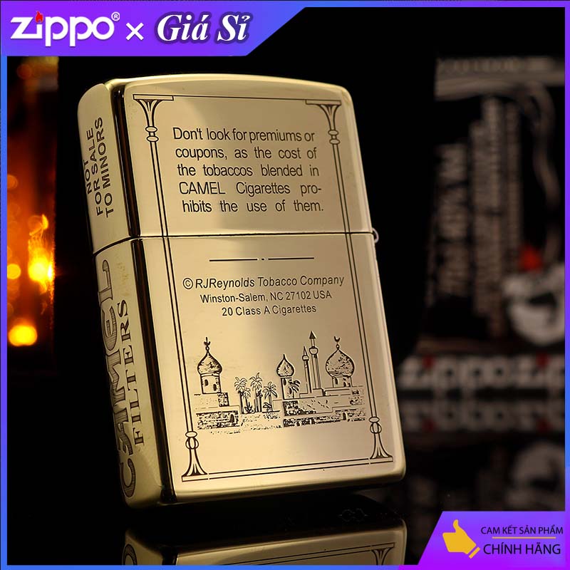 Bật lửa Zippo khắc Lạc Đà CAMEL bản tiêu chuẩn màu vàng bóng