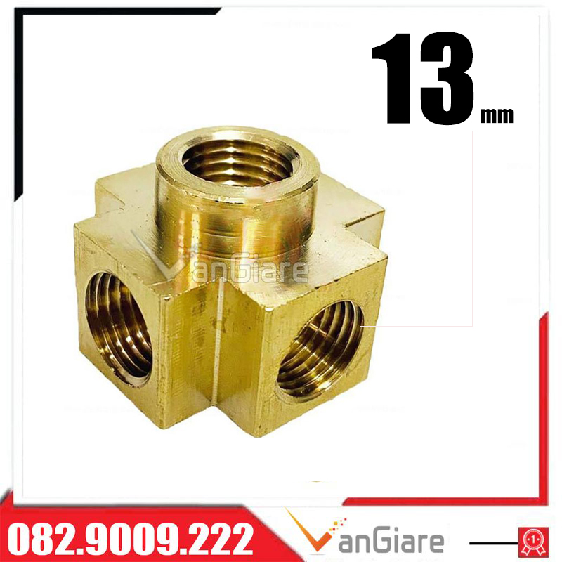 Nối thau 5 ngã ren trong, Thập ren trong, Đầu nối chia 5 lỗ ren trong 13mm