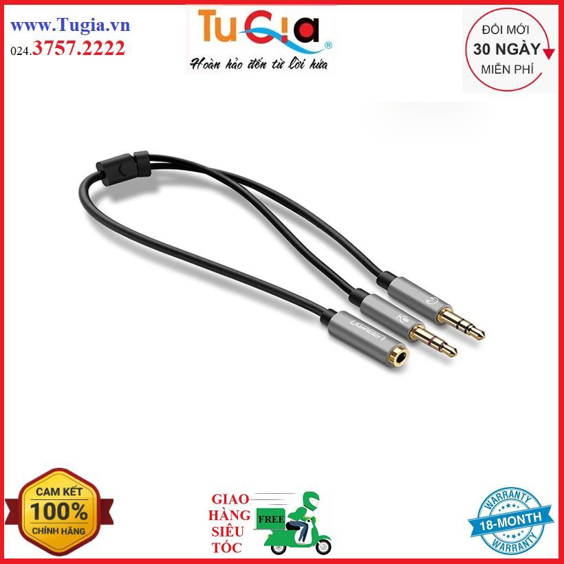 Dây Audio chuyển tai nghe 3.5mm đầu cái sang 2 đầu Mic và Tai nghe đầu đực mạ vàng dài 20CM UGREEN AV140 20899 - màu xám