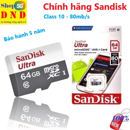 (USA) Thẻ Nhớ MicroSDXC SanDisk Ultra 64GB 80MB/s (New) chuyên nghiệp cho tất cả camera, thiết bị điện thoại hoặc thiết bị có khe cắm thẻ. Bảo hành 5 năm