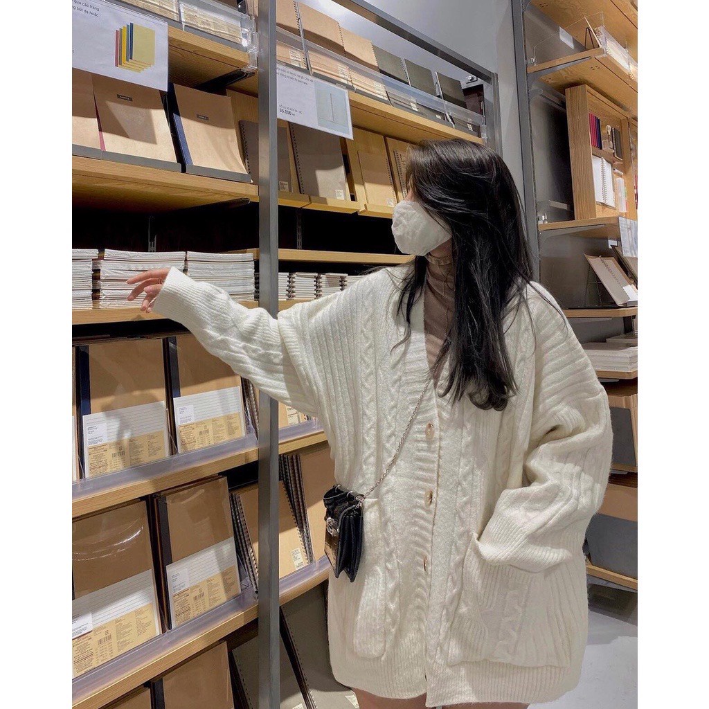 Áo Cardigan Len Dáng Dài Vặn Thừng Form Rộng
