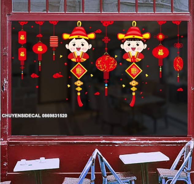 [HCM]COMBO DECAL DÁN TẾT - Rèm đèn hoa kết hợp Trai Gái nón lớn ( 2 tấm ). Decal in trên chất liệu PVC có keo sẵn ở mặt sau chỉ cần lột ra và dán có thể lau chùi bằng nước công nghệ in rõ nét không bay màu.