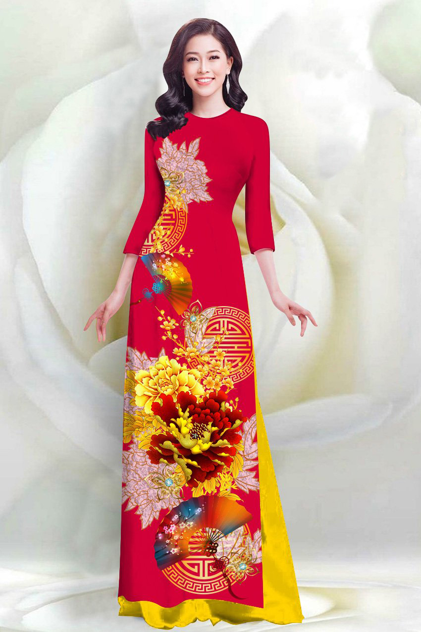 SÉT ÁO DÀI LỤA TRUYỀN THỐNG IN HOA & QUẠT