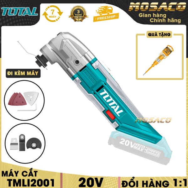 Máy cắt công cụ đa năng dùng pin 20V TOTAL TMLI2001 kèm theo 1 dao cạo nhám, 1 lưỡi cắt, 1 lưỡi cưa  phân khúc, 1 giấy nhám đồng bằng và 3 giấy nhám. Mắt cắt cầm tay, tốc độ không tải 5000-20000v-p bảo hành 3 tháng- MOSACO